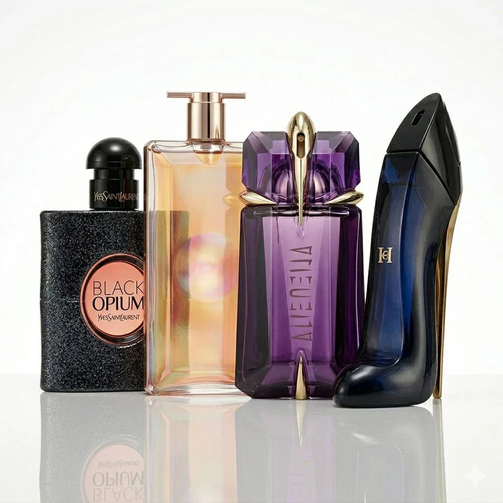 Set 4 parfumov | YSL Black Opium, Lancôme Idôle, Mugler Alien, Carolina Herrera Good Girl.