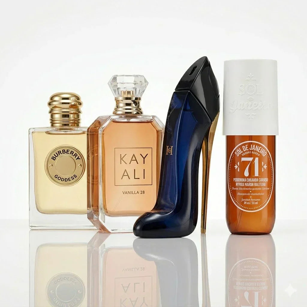 Set 4 parfumov | Burberry Goddess, Kayali Vanilla 28, CH Good Girl, Sol de Janeiro '71.