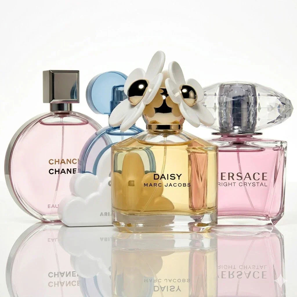 Set 4 parfumov | Chanel Chance Eau Tendre, Ariana Grande Cloud, Marc Jacobs Daisy, Versace Bright Crystal.